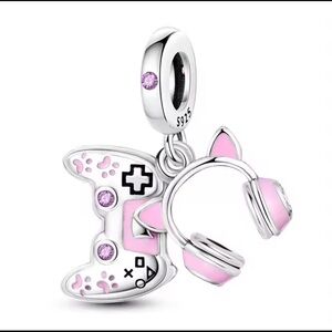Silver, Pink Headphones and Game Controller with Game Girl engraving on Charm